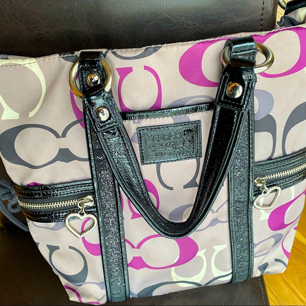 EUC Coach Purple and Black Sequin Detail Signature Handbag Shoulder Bag Purse